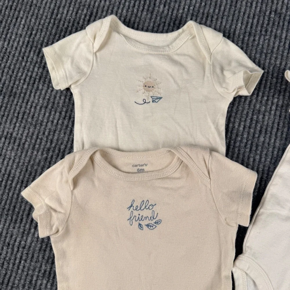 Carters Baby Bodysuit Lot 3 Dinosaur Sunshine Hello Friend 6M 9M Beige‎ 478 Tan
